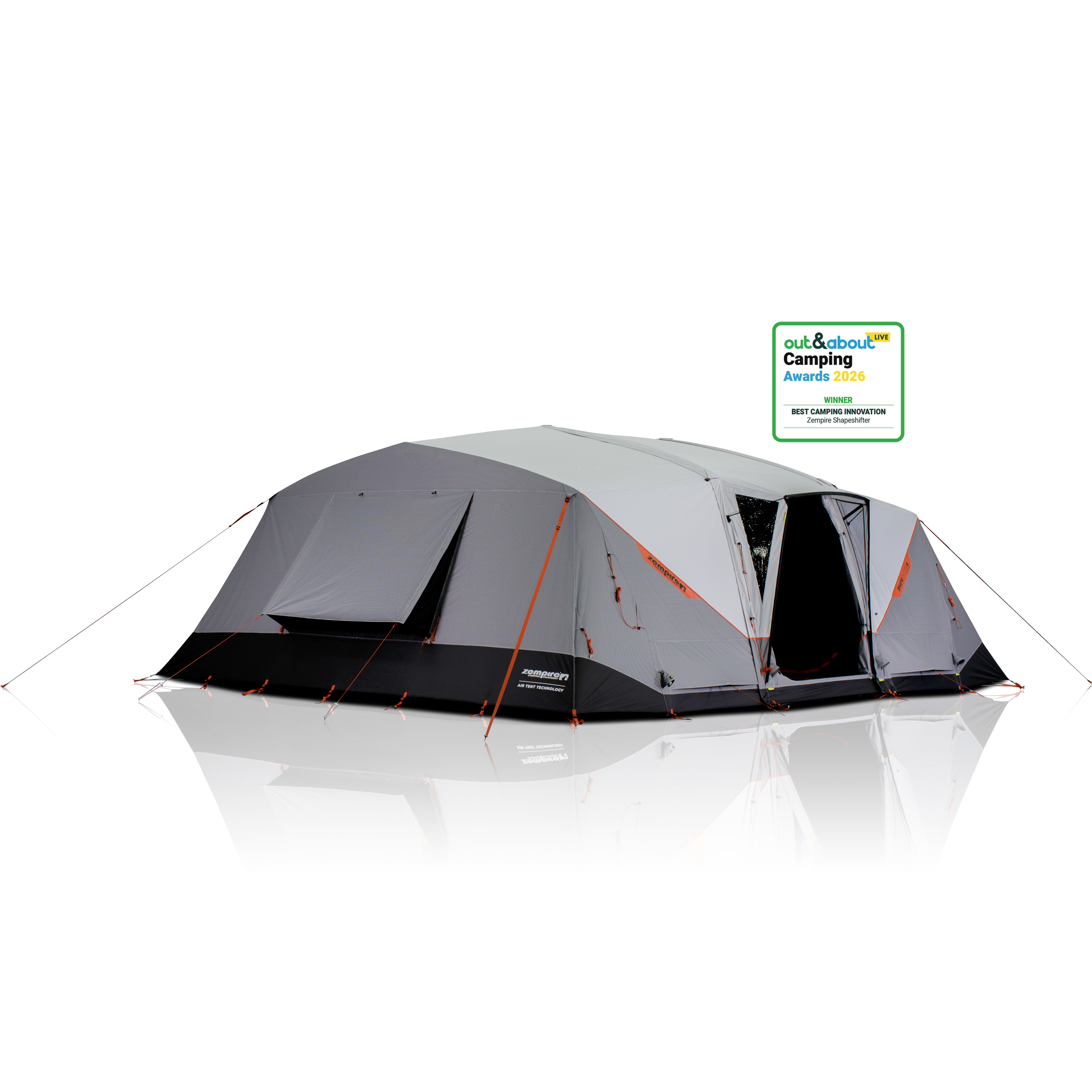 Gray camping tent with a logo on a white background